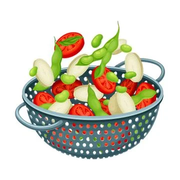 Metal Kitchen Colander or Strainer with Sliced Vegetables Inside Vector Stock Illustration