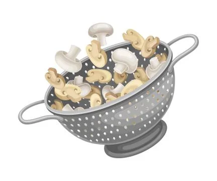 Metal Kitchen Colander or Strainer with Mushrooms Inside Vector Illustration イラスト素材