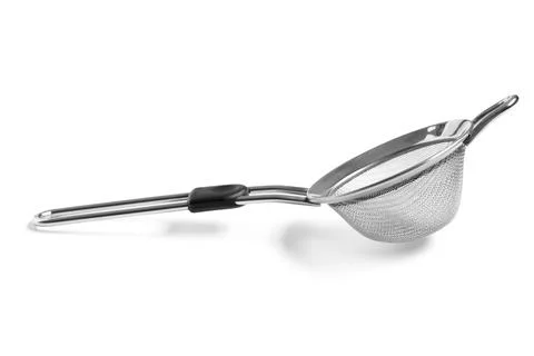 Metal kitchen strainer on white background Stock Photos