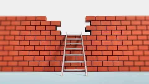 Metal ladder on brick wall with missing bricks. 3D illustration Stock Illustration