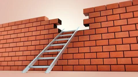 Metal ladder on brick wall with missing bricks. 3D illustration Stock Illustration