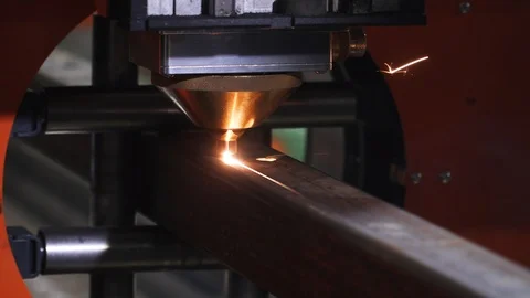 Metal laser cutting process, metalworking at modern factory with CNC machine Stock Footage 122812662