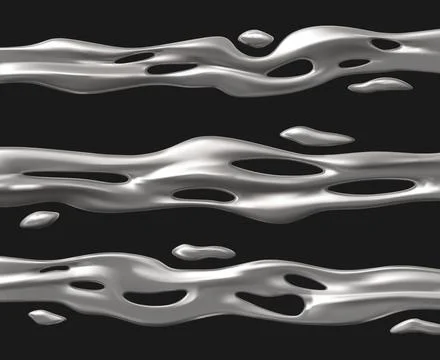 Metal liquid silver drip wave pattern set with drops 3D vector, realistic chrome 스톡 일러스트
