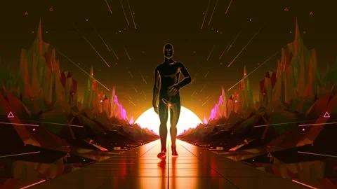 Metal man walking on an alien planet with Sun behind him Stock Footage 234244909