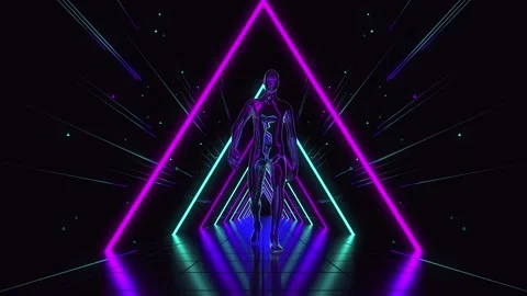 Metal man walking through space triangles Stock Footage 234244205