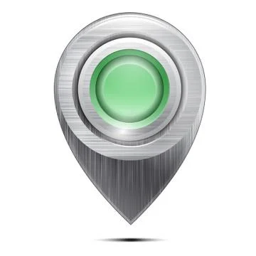 Metal map pointer with a green button , isolated on a white background. Vecto Stock Illustration