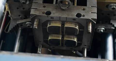Metal mold with freshly formed plastic parts inside injection molding machine Vídeo Stock 337289698