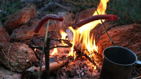 Metal mug and sausage on the stick near a campfire in the wildness 스톡 동영상 218475341
