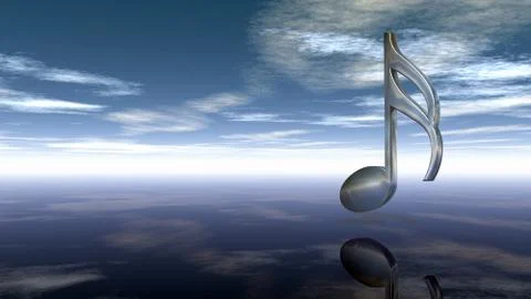 Metal music note under cloudy sky - 3d rendering Stock Illustration