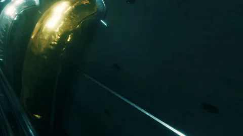 Metal object and surface with reflections in a dark setting Stock Footage 344378891
