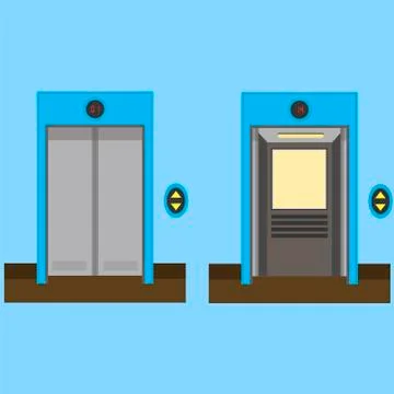 Metal Office Building Elevator on Blue Background. Closed and Open Doors. Ilustración de archivo