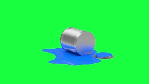 Metal open can spins and spills blue paint on green screen, 3D animation. Stock Footage 335239334