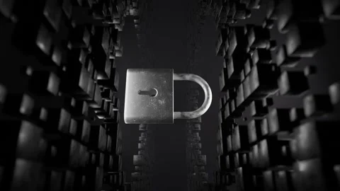Metal padlock floating in abstract black and white digital cube environment Stock Footage 309111573