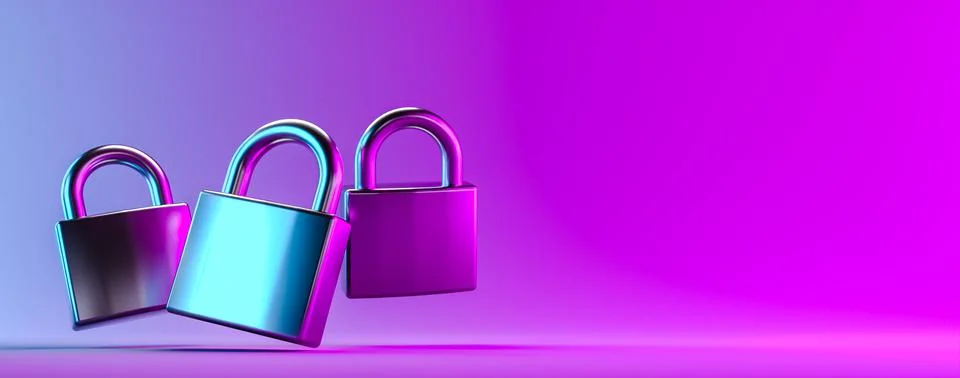 Metal padlocks against gradient background as symbol of security. 3d render Illustrazione stock