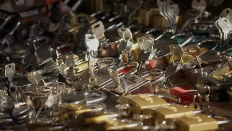 Metal Padlocks And Keys Displayed At Kolkata Street Market Stock Footage 333227702