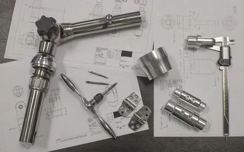Metal parts on technical drawings Stock Photos