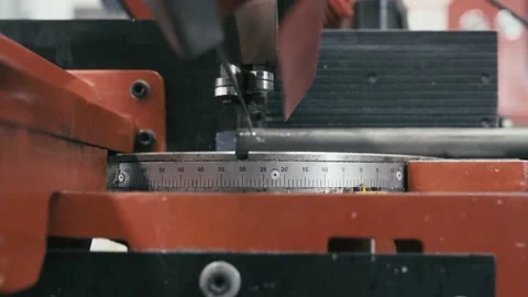 Metal pipe cutting hacksaw machine. Ruler metal cutting machine Stock Footage 145816301