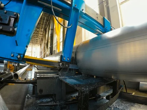 Metal pipe cutting using power saw blade Stock Footage 77918147