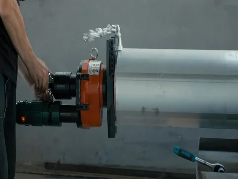 Metal pipe cutting using power saw blade Stock Footage 77932212