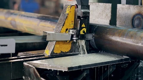 Metal pipe cutting using power saw blade Stock Footage 91074446