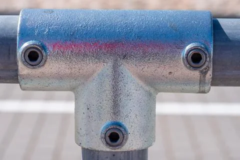 Metal pipe fastening with threads. Copy space. Background for quotes. Stock Photos