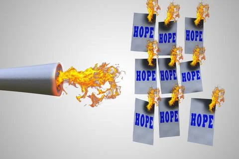 Metal pipe throws fire and burn hope demonstrating lost hope concept. 3D illu Stock Illustration