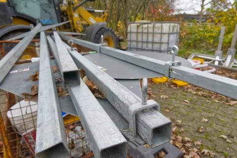 Metal Pipes and Frames on Construction Site Stock Photos