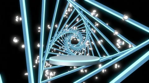 Metal podium empty with a rotating triangle in the center and a glowing parti Stock Footage 212379649