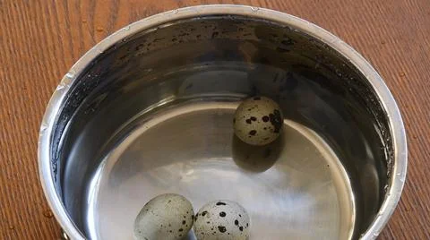 Metal pot with tiny quail eggs in clear water ready to cook boiling Stock Photos