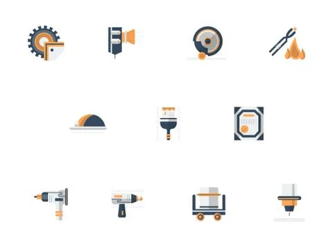 Metal processing equipment flat vector icons set Stock Illustration