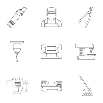 Metal processing equipment icon set, outline style Stock Illustration