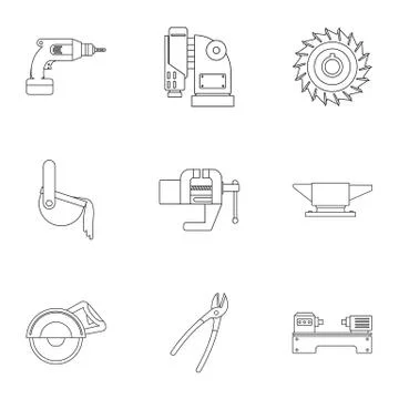 Metal processing icon set, outline style Stock Illustration