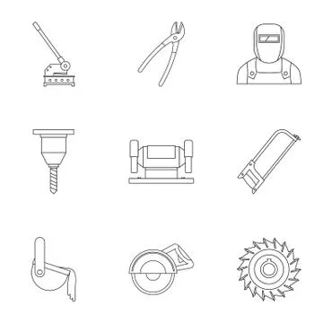 Metal processing industry icon set, outline style Stock Illustration