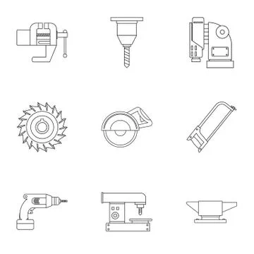 Metal processing tool icon set, outline style Stock Illustration