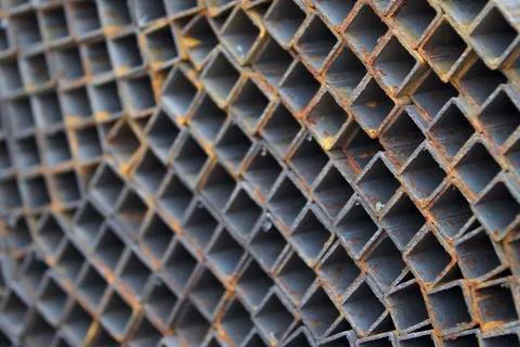 Metal profile pipe of rectangular cross section in packs at the warehouse of Stock-Fotos