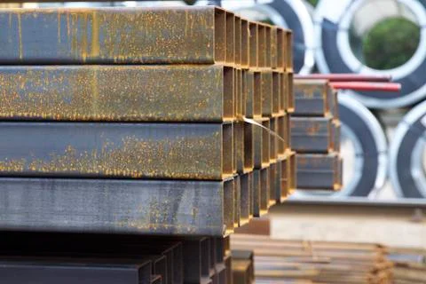 Metal profile pipe of rectangular cross section in packs at the warehouse of Stock-Fotos