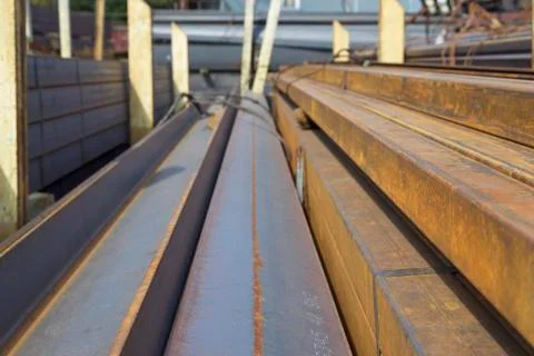 Metal profile pipe of rectangular cross section in packs at the warehouse of Stock-Fotos