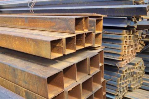 Metal profile pipe of rectangular cross section in packs at the warehouse of Stock-Fotos