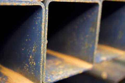 Metal profile pipe of rectangular cross section in packs at the warehouse of Stock-Fotos