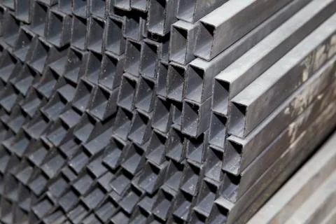 Metal profile pipe of rectangular cross section in packs at the warehouse of Stock-Fotos