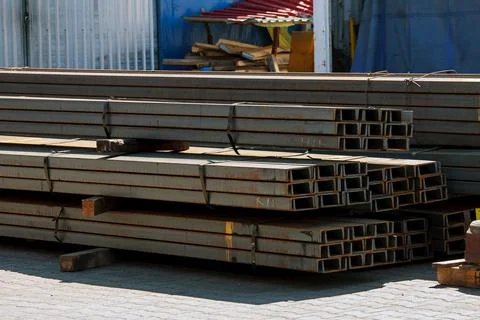 Metal profile pipe of rectangular cross section in packs Stock Photos