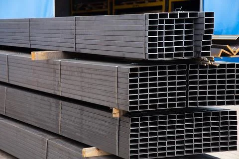 Metal profile pipe of rectangular cross section in packs Stock Photos