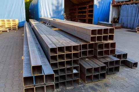 Metal profile pipe of rectangular cross section in packs Stock Photos