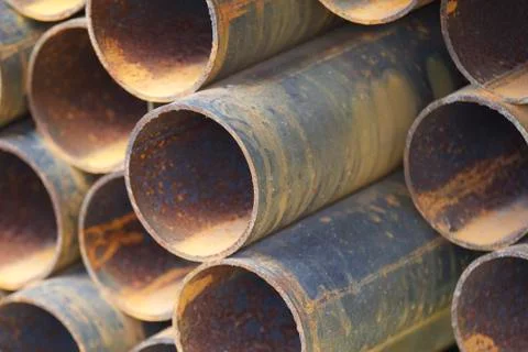 Metal profile pipe of round section in packs at the warehouse of metal produc Stock-Fotos
