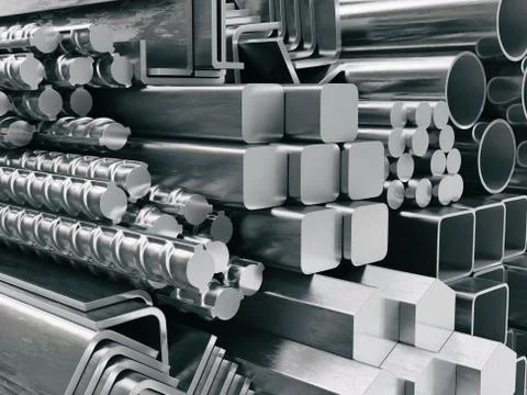 Metal profiles and tubes. Different stainless steel products. 스톡 일러스트