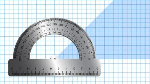Metal protractor on notebook sheet. School measuring instruments. School Stock Illustration
