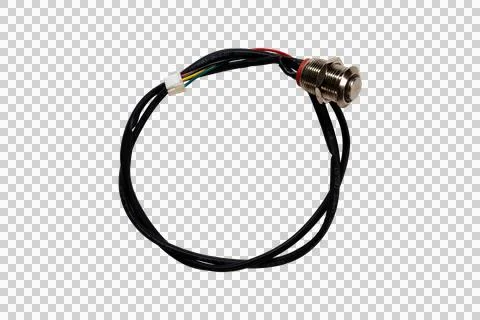 Metal push button switch with multicolor wiring and plastic connector Stock Photos