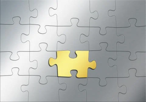 Metal puzzle with gold element as abstract background, 3d illustration Illustrazione stock