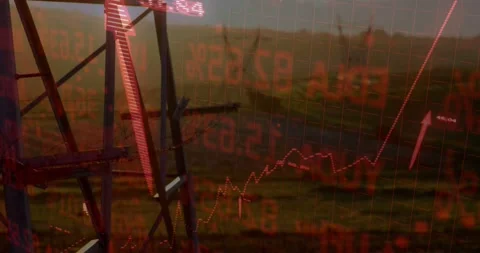 Metal pylon remaining still on plain, data feed driving financial dotted graph, Stock Footage 331789928