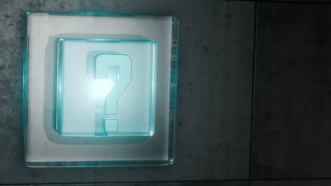 A metal question mark on a glass cube. Searching for answers. Question mark. Stock Footage 345535868